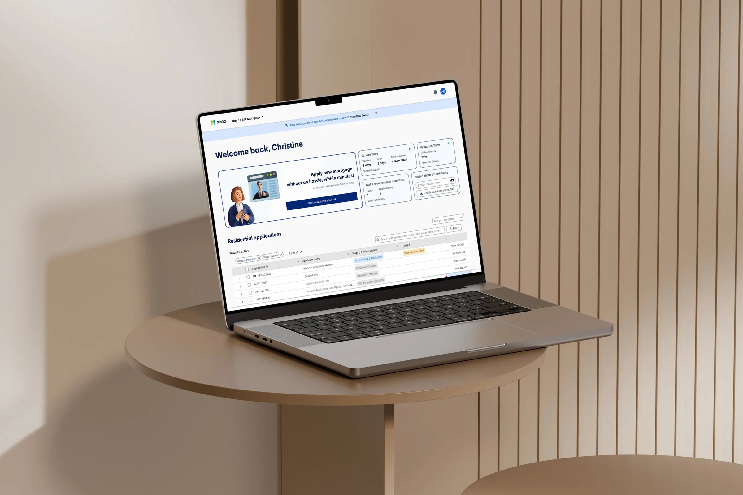 The nCino broker portal on a laptop — the &ldquo;Welcome back, Christine&rdquo; mortgage dashboard